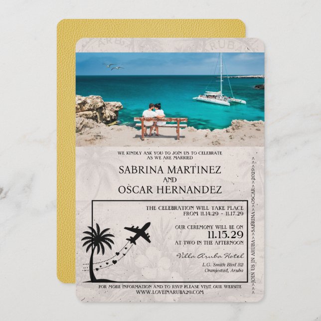 Yellow Aruba Passport Wedding Invitation (Front/Back)