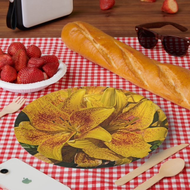 Yellow Asiatic Lily Blooms Floral Paper Plates (Picnic)