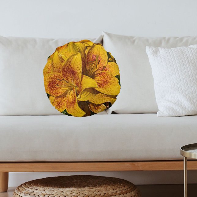 Yellow Asiatic Lily Blooms Floral Round Pillow (In Situ Sofa)