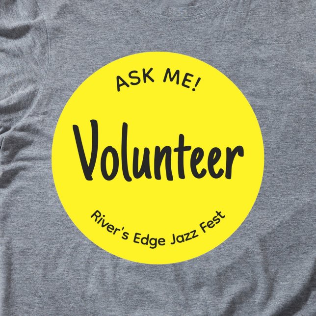 Yellow Ask Me Volunteer Badge Classic Round Sticker (Yellow Ask me volunteer sticker badge with custom name of event or organization.)