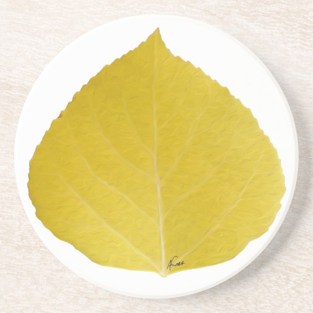 Yellow Aspen Leaf #5 Sandstone Coaster (Front)