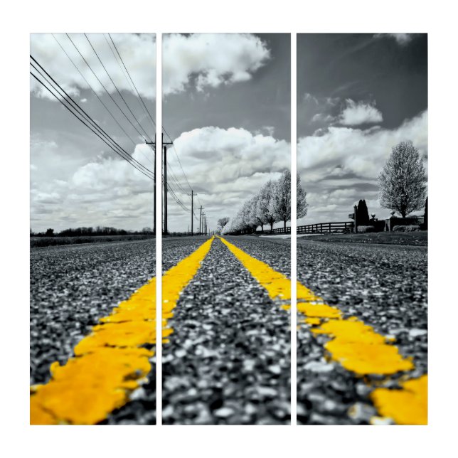 Yellow Asphalt Highway Road Photography Canvas Set Triptych (Front)