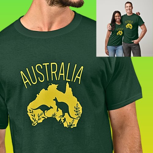 Yellow Australia Map with Kangaroos on Dark Green  T_Shirt