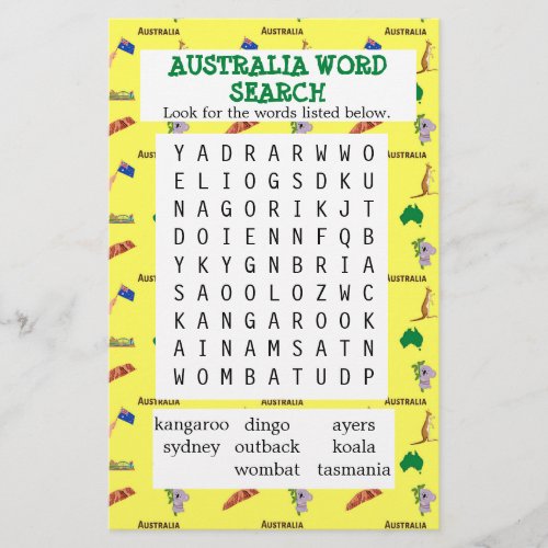 Yellow Australia word search paper
