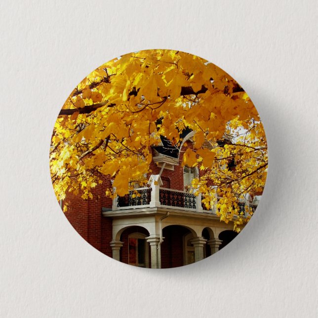 Yellow Autumn Leaves and Old Brick House Button (Front)