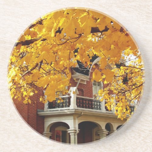 Yellow Autumn Leaves and Old Brick House Sandstone Coaster