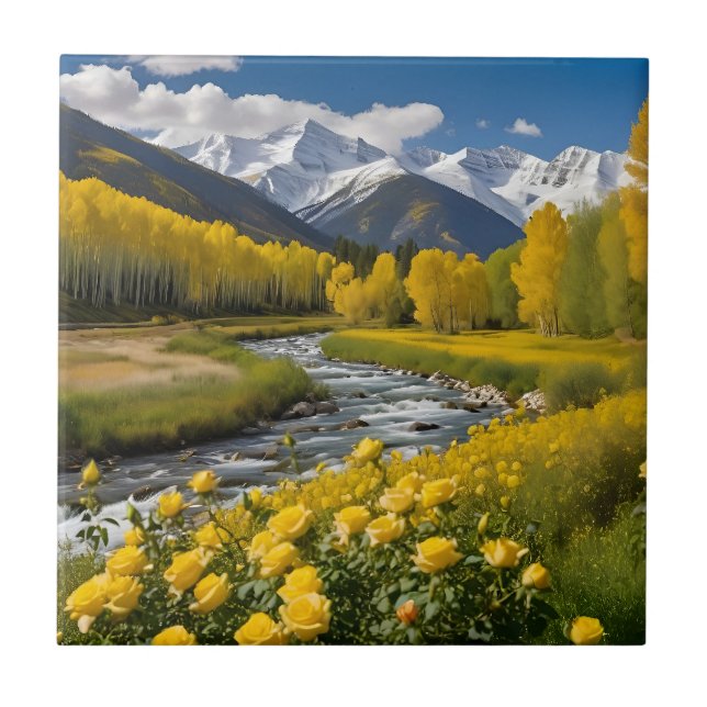 Yellow Autumn Snowy Mountains Aspen River Ceramic Tile (Front)