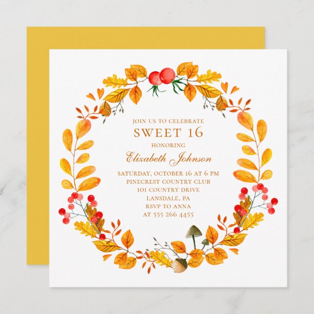 Yellow autumn sweet 16. Fall garden 16th birthday Invitation (Front/Back)