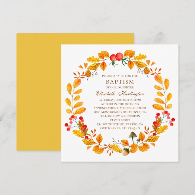 Yellow autumn wreath. Baby girl fall baptism Invitation (Front/Back)