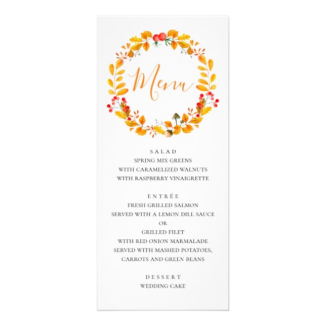 Yellow autumn wreath. Fall wedding dinner menu (Front)