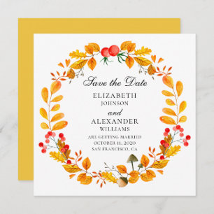 Yellow autumn wreath. Fall wedding save the date Invitation