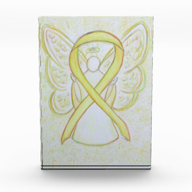 Yellow Awareness Ribbon Angel Art Paperweight Gift (Front)
