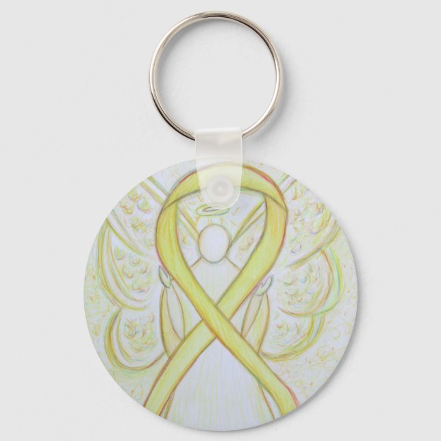 Yellow Awareness Ribbon Angel Custom Art Keychain (Front)