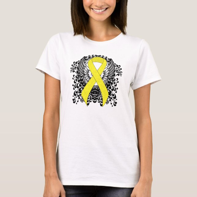 Yellow Awareness Ribbon Angel Wings T-Shirt (Front)