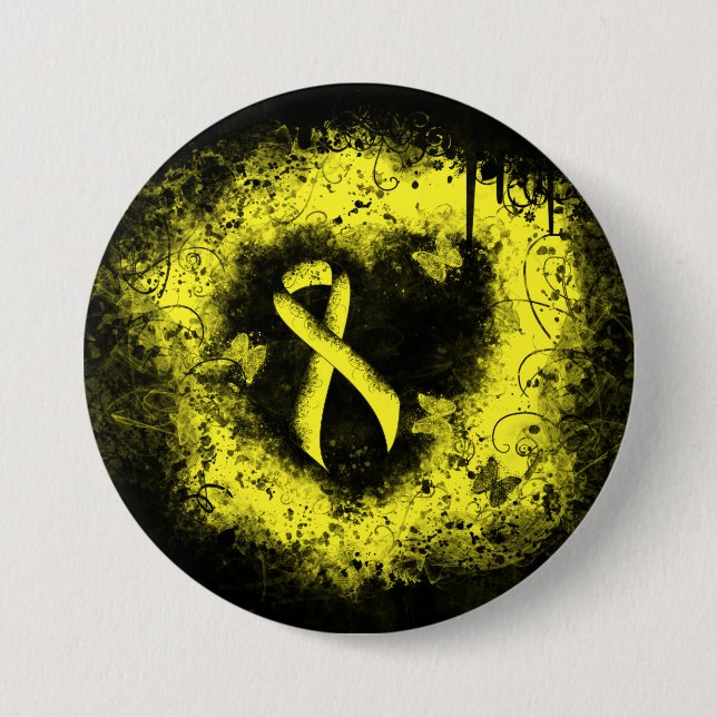 Yellow Awareness Ribbon Grunge Heart Button (Front)