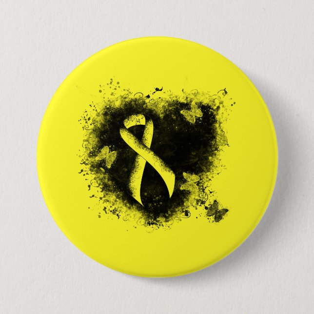 Yellow Awareness Ribbon Grunge Heart Pinback Button (Front)