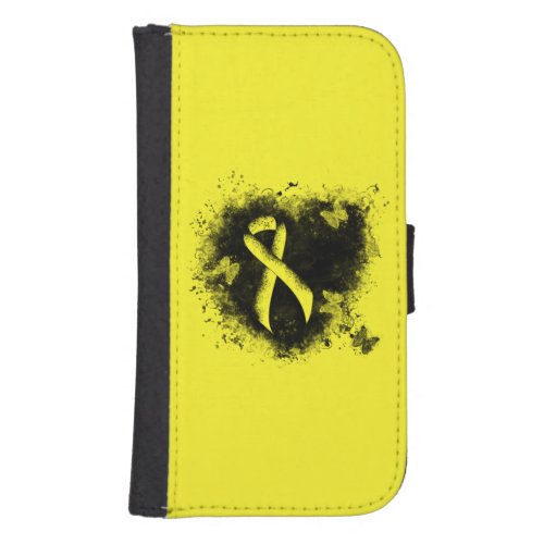 Yellow Awareness Ribbon Grunge Heart Samsung S4 Wallet Case