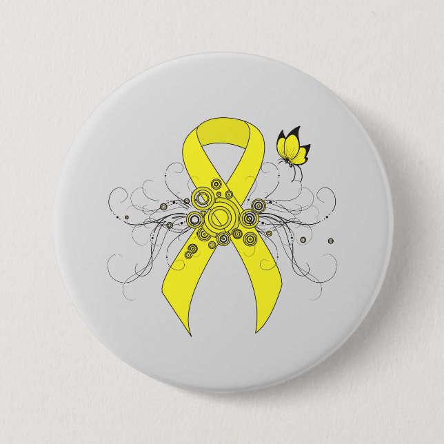 Yellow Awareness Ribbon with Butterfly Pinback Button (Front)
