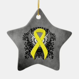 Yellow Awareness Ribbon with Wings Ceramic Ornament