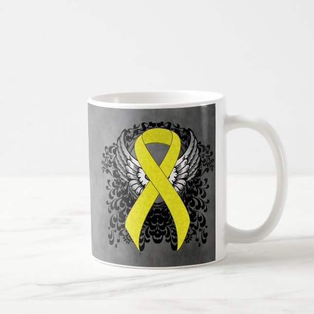 Yellow Awareness Ribbon with Wings Coffee Mug (Right)