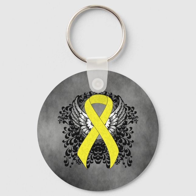 Yellow Awareness Ribbon with Wings Keychain (Front)