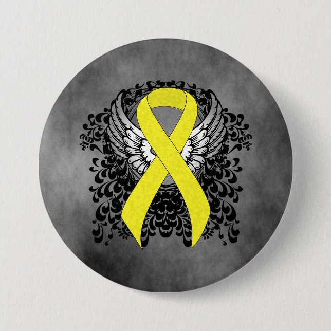Yellow Awareness Ribbon with Wings Pinback Button (Front)