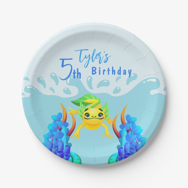 Yellow Axolotl Aquatic Boy Birthday Party Paper Plates (Front)