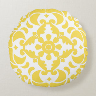 Yellow Azulejos Portuguese Spanish Mediterranean Round Pillow