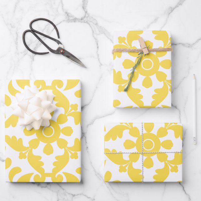 Yellow Azulejos Portuguese Spanish Mediterranean Wrapping Paper Sheets (Front)