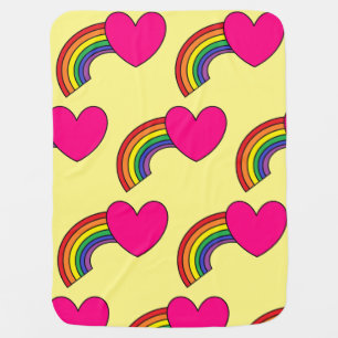 Yellow Baby Blanket With Hearts and Rainbows