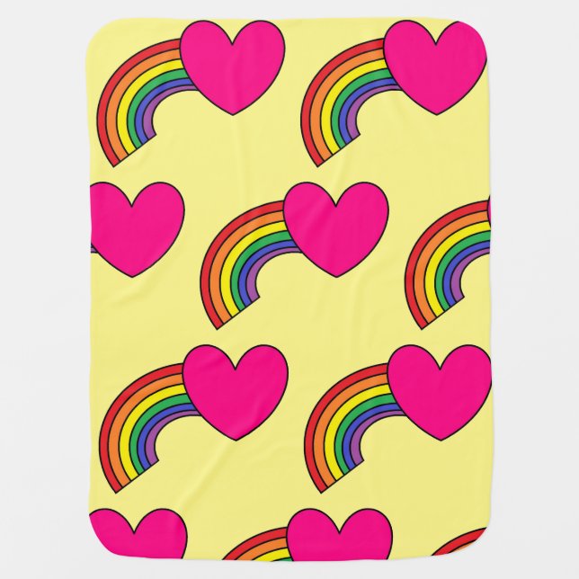 Yellow Baby Blanket With Hearts and Rainbows (Front)