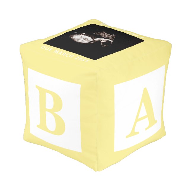 Yellow Baby Block Sonogram Pregnancy Announcement Pouf (Angled Front)