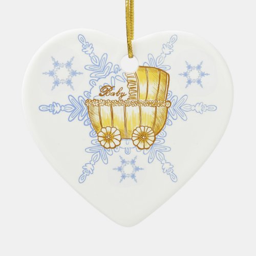 Yellow Baby Buggy SnowFlake ceramic ornament