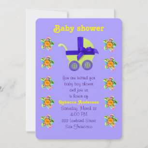 Yellow baby carriage, Pink, purple sewn flowers Invitation