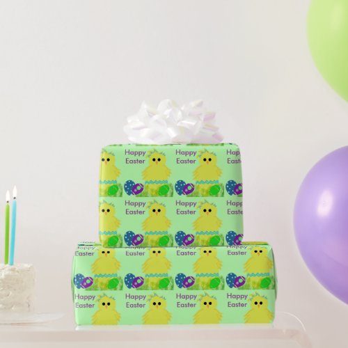 Yellow Baby Chick Blue Stripe Easter Eggs Wrapping Paper