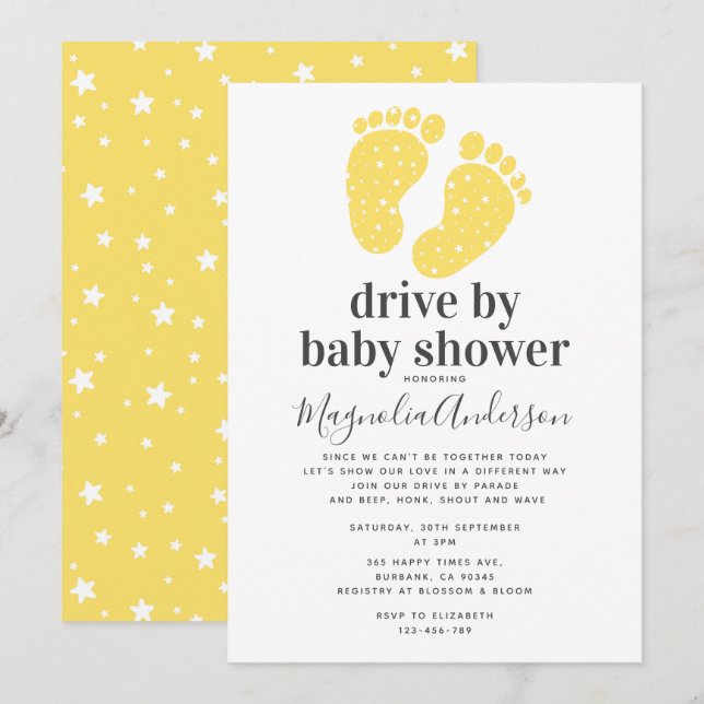 Yellow Baby Feet Drive By Baby Shower Invitation (Front/Back)