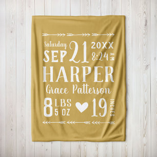 Yellow Baby Girl Birth Stats Keepsake Fleece Blanket
