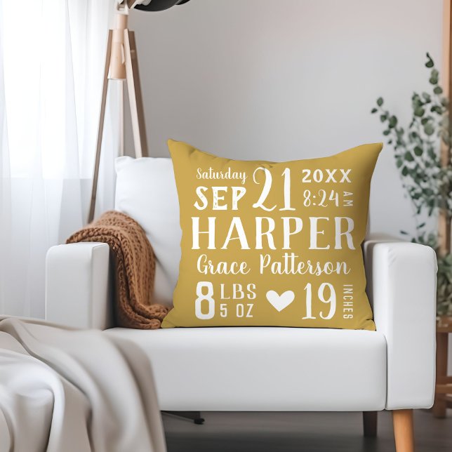 Yellow Baby Girl Birth Stats Keepsake Throw Pillow (Creator Uploaded)