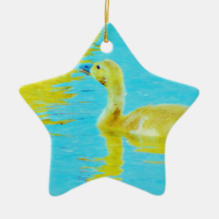 Yellow Baby goose with light blue water Ceramic Ornament
