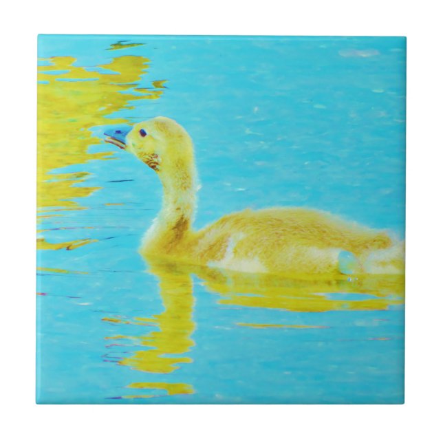Yellow Baby goose with light blue water Ceramic Tile (Front)