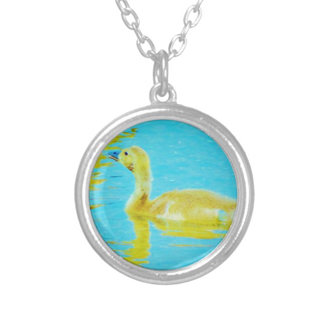 Yellow Baby goose with light blue water Silver Plated Necklace (Front)