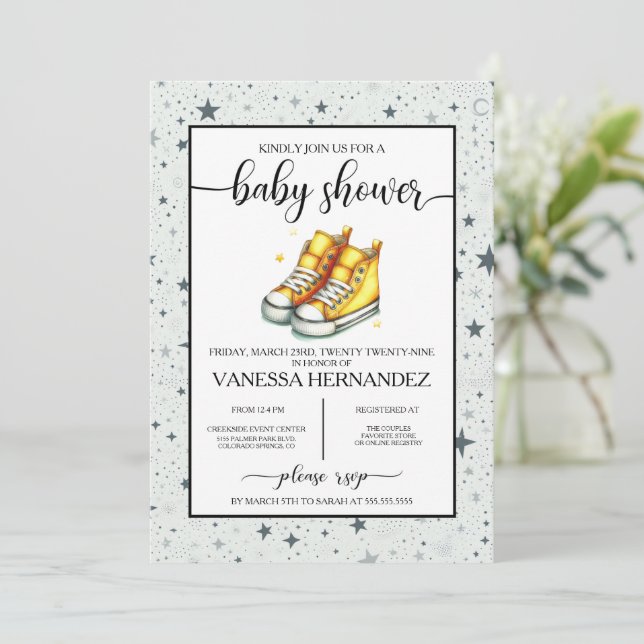 Yellow Baby High Tops Baby Shower Invitation (Standing Front)