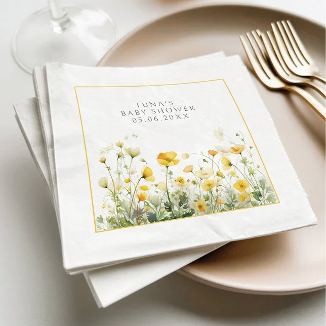 Yellow Baby In Bloom Floral Wildflower Baby Shower Napkins (Creator Uploaded)