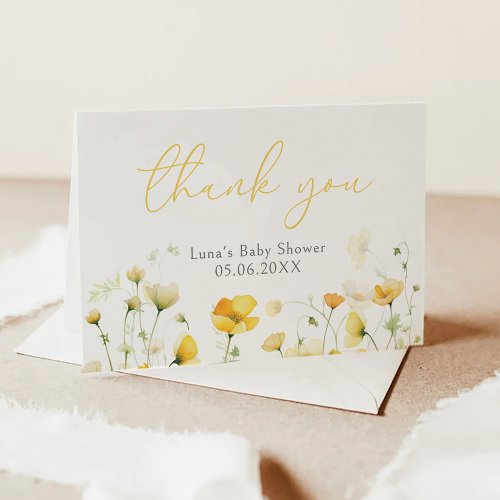 Yellow Baby In Bloom Floral Wildflower Baby Shower Thank You Card