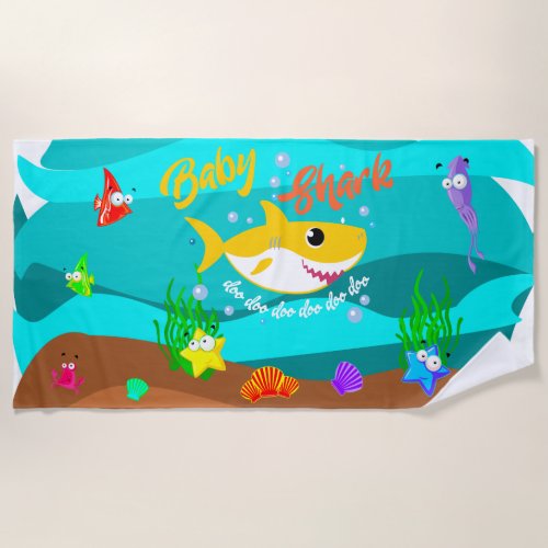 Yellow Baby Shark and Friends doo doo doo Beach Towel