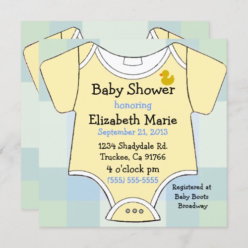 Yellow Baby Shirt on Blue Plaid Baby Shower Invitation