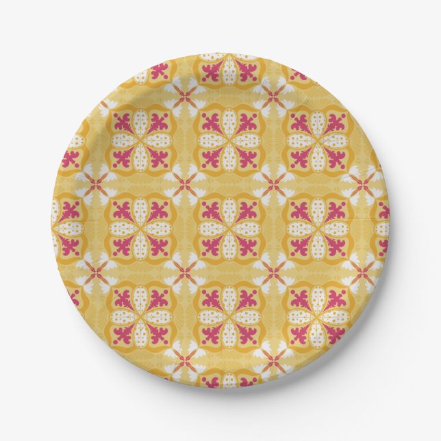 yellow back & symmetrical pink floral pattern  paper plates (Front)
