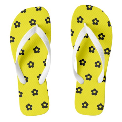 Yellow Background Black Flowers Beach Outing Tour Flip Flops