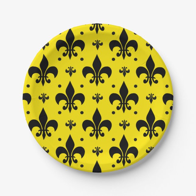 Yellow Background Fleur-de-lis Pattern Design  Paper Plates (Front)