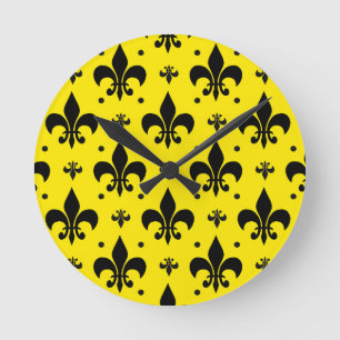 Yellow Background Fleur-de-lis Pattern Design Round Clock